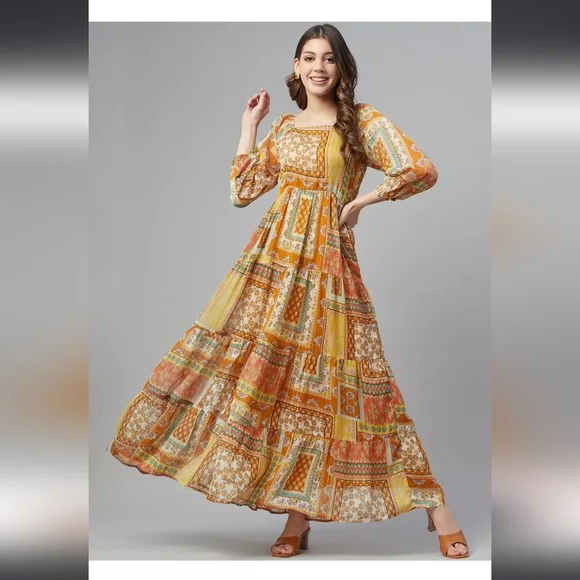 Cottinfab Women Mustard Yellow Ethnic Printed A-Line Maxi Dress - Picture 5 of 7